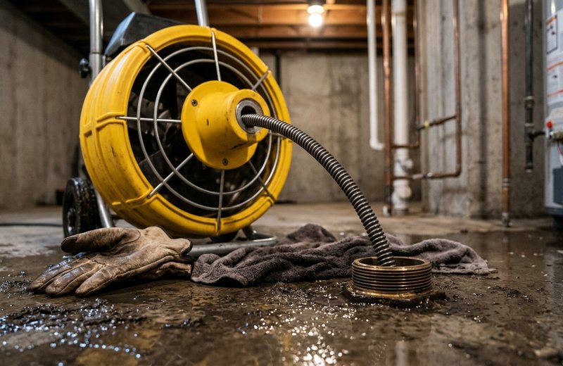Drain cable machine feeding into a floor cleanout