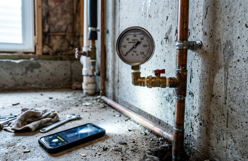 Water pressure gauge on a copper line against a basement wall