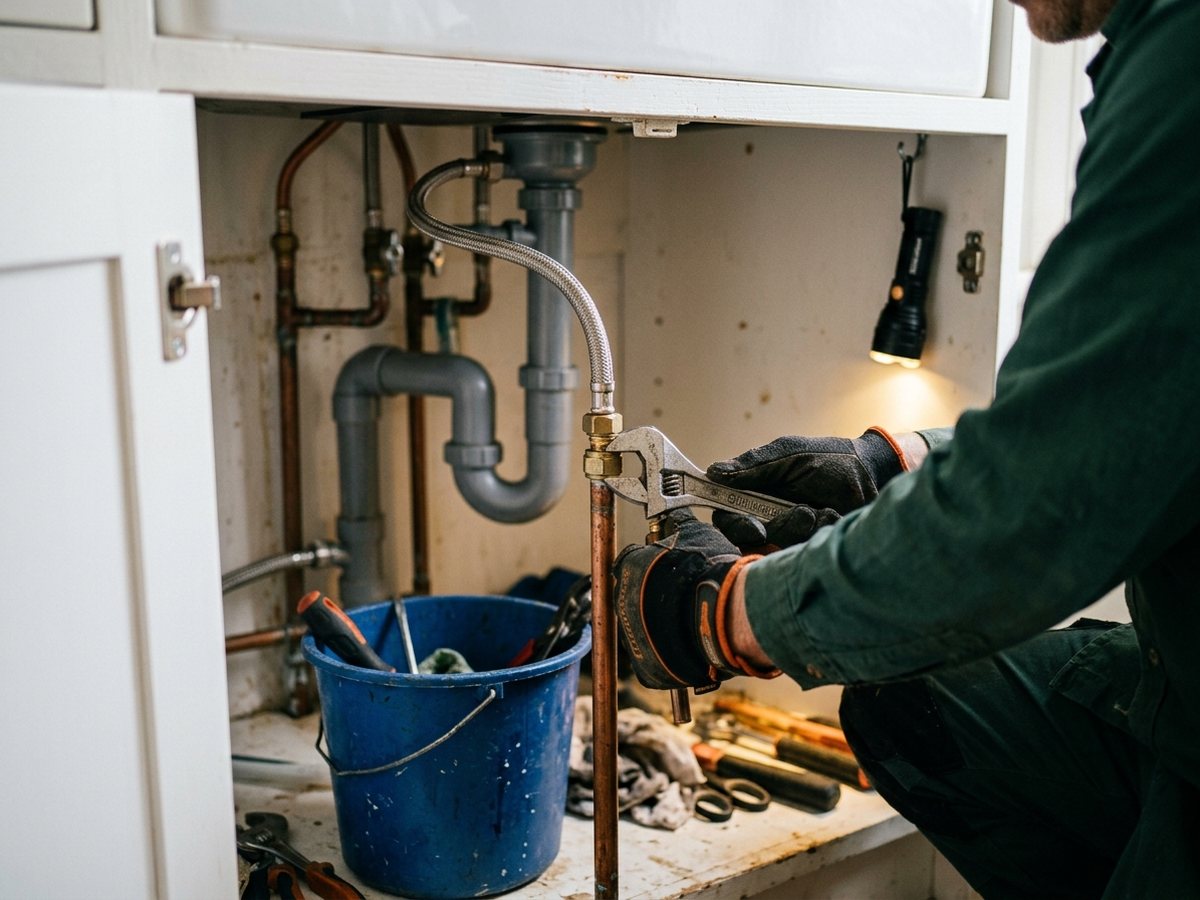 Plumber tightening a fitting on a copper supply line under a kitchen sink