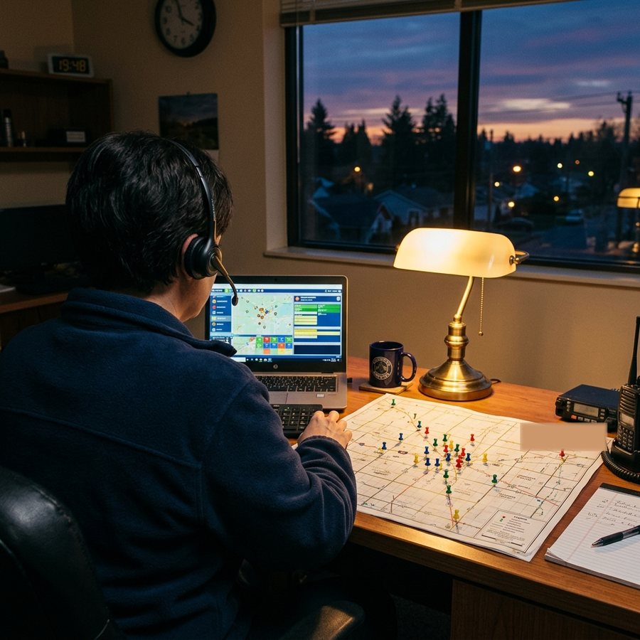 Dispatcher wearing a headset at a desk with a laptop, a radio and a paper map with pins