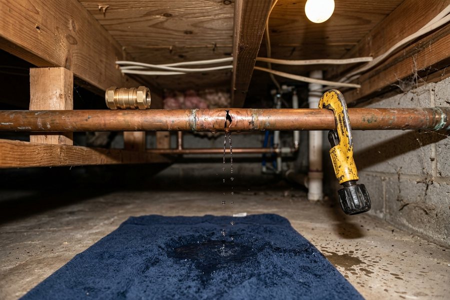 Split copper pipe dripping onto a towel in a joist space beside a coupling and pipe cutter