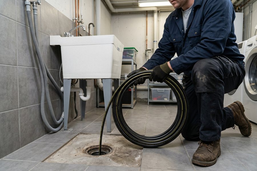 Plumber kneeling with a drain cable beside a laundry sink and a floor drain