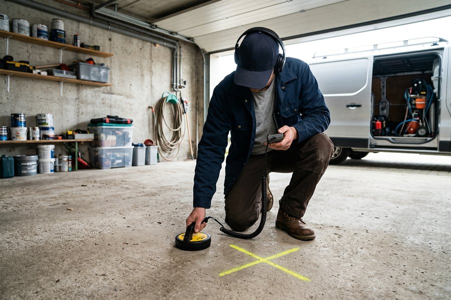 Plumber with headphones and a ground microphone on a garage slab beside a marked X