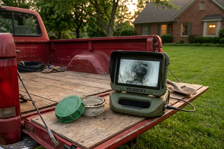 Sewer camera monitor on a truck tailgate beside a removed yard cleanout cap