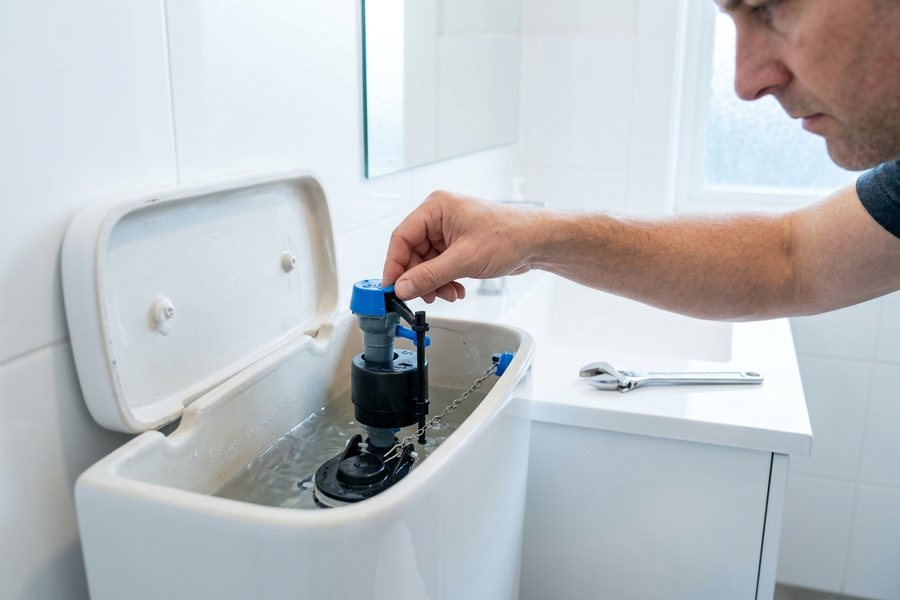 Plumber adjusting the fill valve inside an open toilet tank