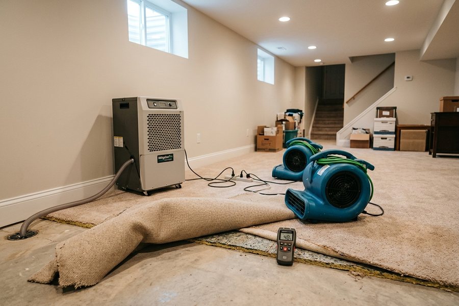Air movers and a dehumidifier drying a basement with the carpet pulled back and a moisture meter on the floor
