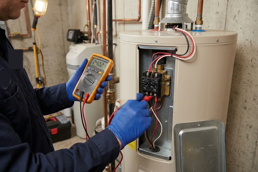 Technician testing the thermostat wiring of an electric water heater with a multimeter