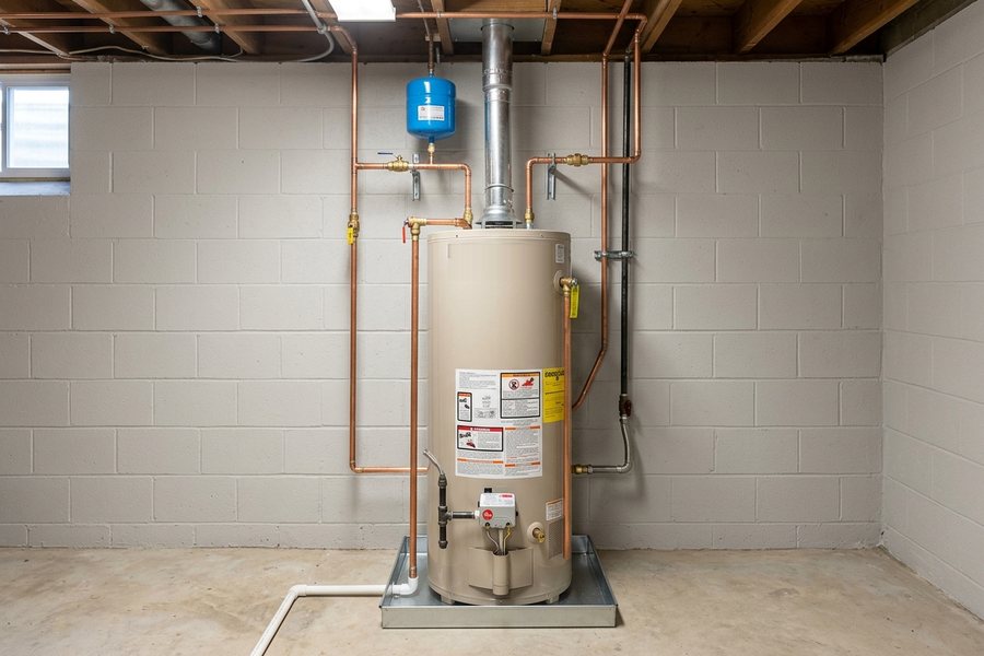 Tank water heater in a basement with copper lines, an expansion tank and a drip pan